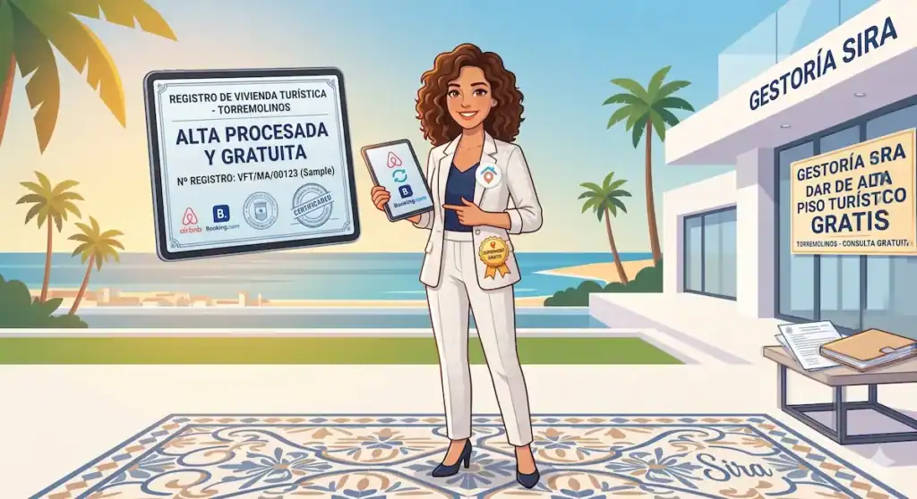 Gestora local sonriendo en una oficina luminosa frente al mar y palmeras en Torremolinos. Señala una tableta con información de 'ALTA PROCESADA Y GRATUITA', logos de reservas y número de registro. Un cartel en la pared dice 'GESTORÍA SIRA', 'DAR DE ALTA PISO TURÍSTICO' y 'GRATIS' para Torremolinos. La oficina es moderna, con suelo de mosaico y documentos de muestra.