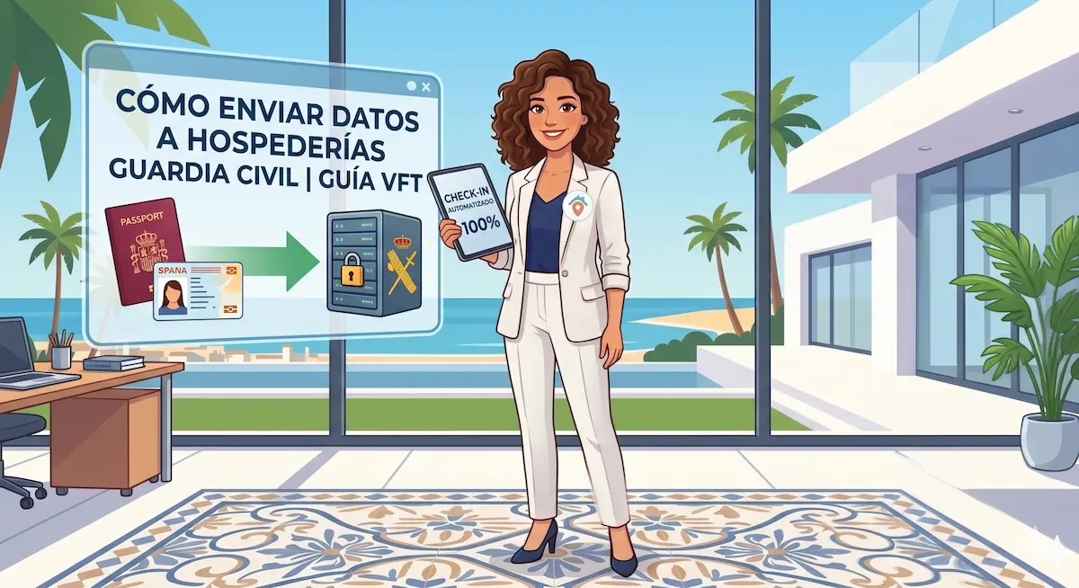 La experta Torremolinos Gestión Vacacional en una oficina frente al mar, mostrando un panel informativo sobre 'CÓMO ENVIAR DATOS A HOSPEDERÍAS GUARDIA CIVIL