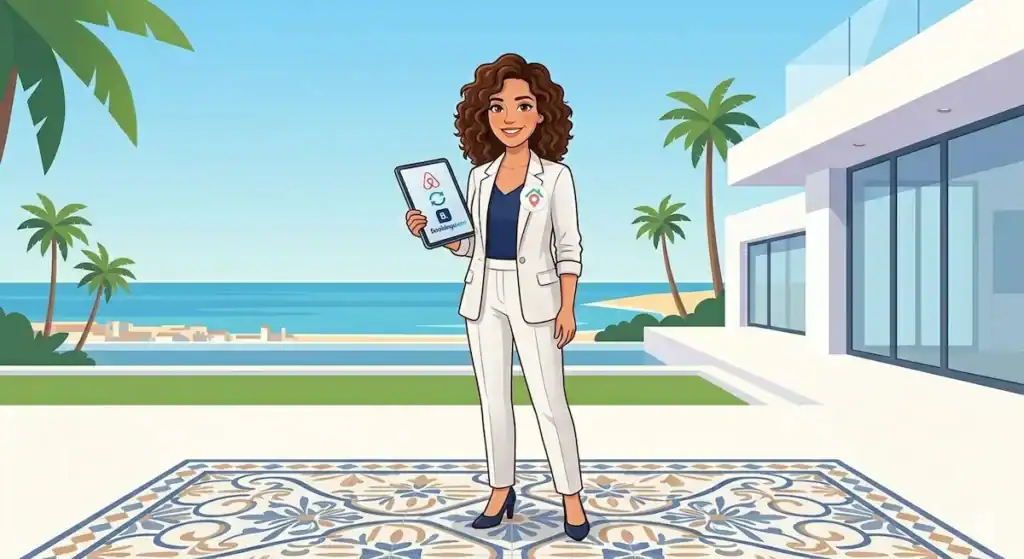 Una gestora profesional de apartamentos turísticos en Torremolinos sonriendo junto a la entrada de un alojamiento impecable, mostrando en una tablet el perfil de Airbnb con la insignia de Superhost 2026 destacada, y vistas al mar Mediterráneo.
