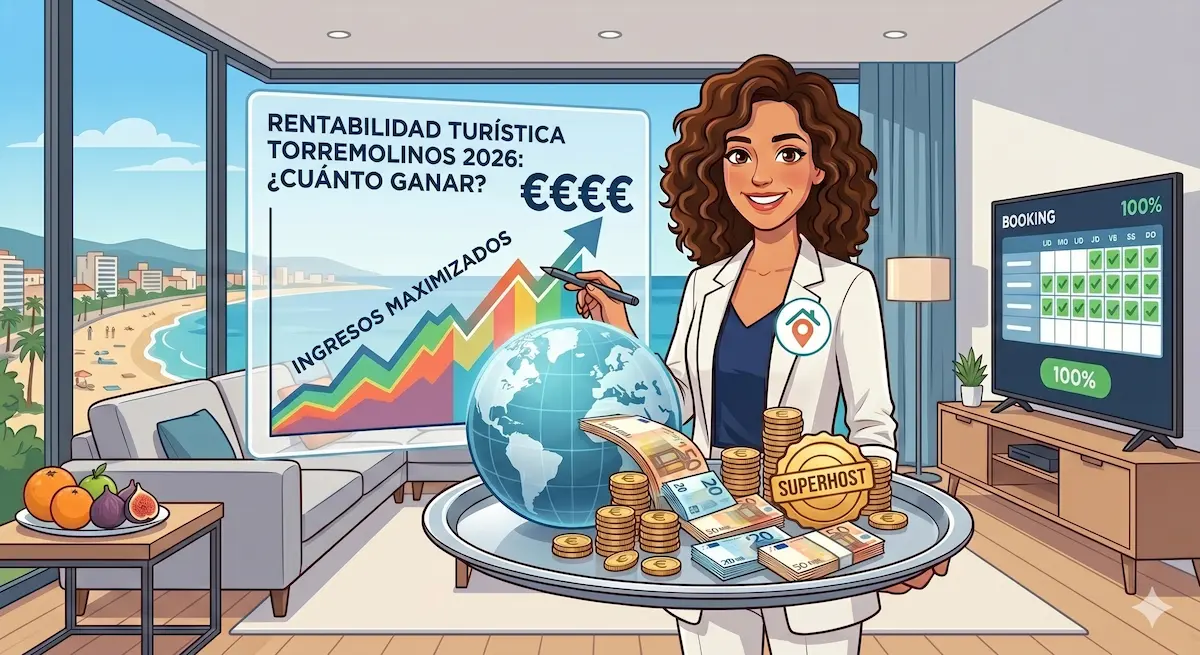 Sira, la gestora profesional de la Costa del Sol con su logo en la chaqueta blanca de image_30.png, sonríe y sostiene una bandeja llena de monedas de Euro y billetes (€50 y €20) que fluyen desde un globo digital de reservas. En el monitor avanzado de image_30.png, se muestra un gráfico ascendente de "RENTABILIDAD TURÍSTICA TORREMOLINOS 2026: INGRESOS MAXIMIZADOS". Vistas panorámicas a la playa del Bajondillo y la costa de Torremolinos de fondo.