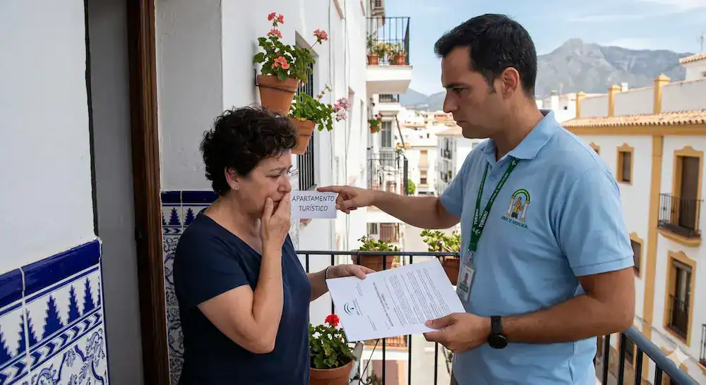 Junta de Andalucía inspector serving a penalty notice for lack of registration to a worried owner on a Torremolinos balcony, showing the fine document. A visualisation of the risk of operating without a professional manager.