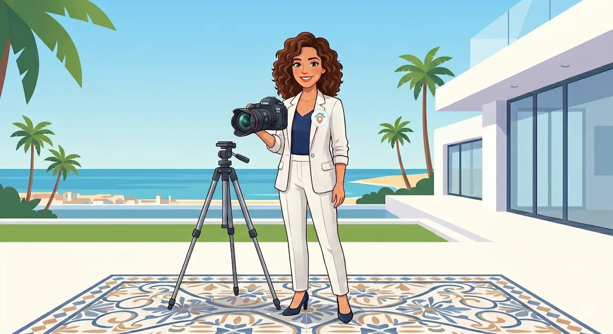 La gestora profesional de la Costa del Sol con su logo en la chaqueta blanca, sonríe sosteniendo una cámara DSLR y un trípode en un apartamento turístico de lujo en Torremolinos, preparada para una sesión de fotos profesional. Vistas al mar Mediterráneo y palmeras de fondo.