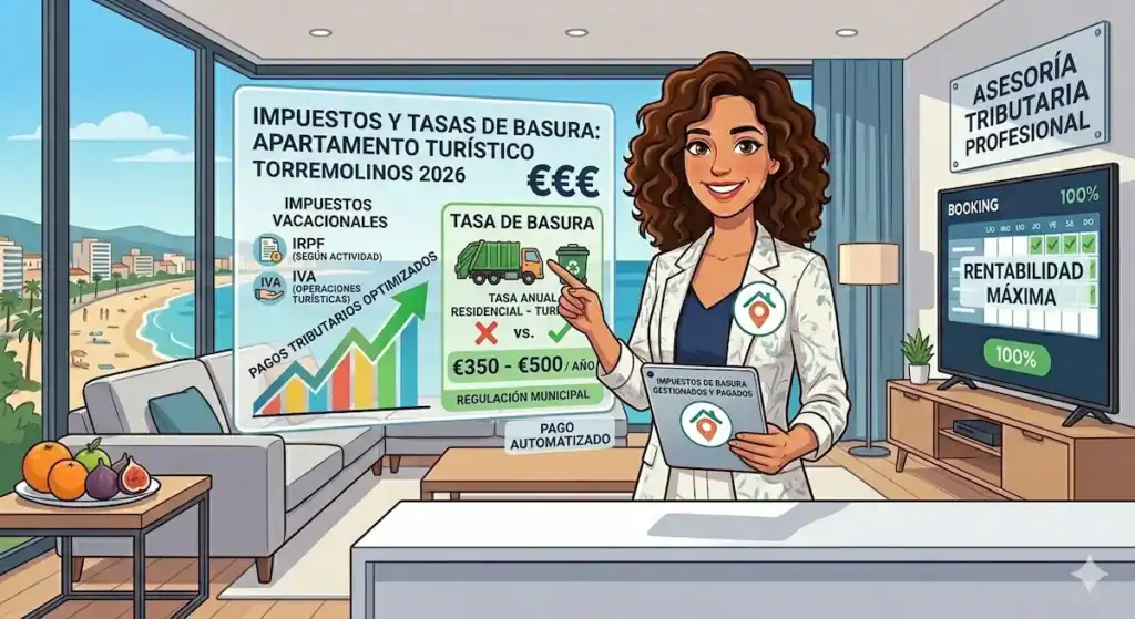 Sira, experta de Torremolinos Gestión Vacacional con su logotipo en la chaqueta, sonríe en un apartamento con vistas al mar en El Bajondillo. Señala un panel holográfico titulado 'IMPUESTOS Y TASAS DE BASURA: APARTAMENTO TURÍSTICO TORREMOLINOS 2026', que muestra la optimización del IRPF/IVA y el coste de la Tasa de Basura Turística (350€ - 500€). Sostiene una tablet con el desglose de la fiscalidad del alojamiento.