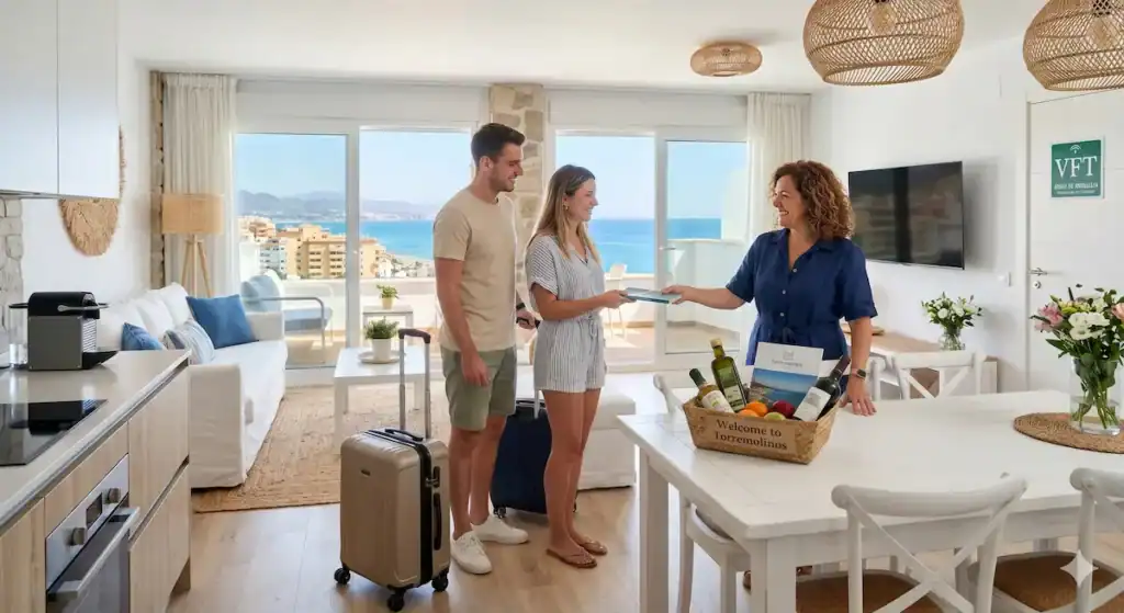 A premium guest welcome kit in a luxury vacation apartment in Torremolinos with sea views, showing a welcome basket with local products (wine, olive oil, fruit) and a personal note.
