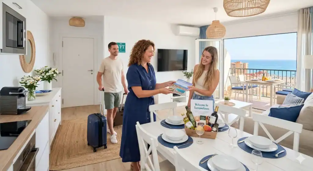 Una propietaria profesional da la bienvenida a inquilinos a un apartamento turístico de lujo en Torremolinos con vistas al mar y una cesta de bienvenida premium. Muestra el estado impecable del piso vacacional para maximizar ingresos