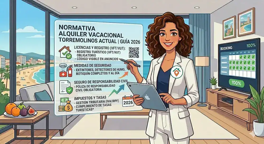 Sira, gestora experta de Torremolinos Gestión Vacacional, en un luminoso apartamento frente al mar. Señala una pantalla holográfica interactiva titulada 'NORMATIVA ALQUILER VACACIONAL TORREMOLINOS ACTUAL