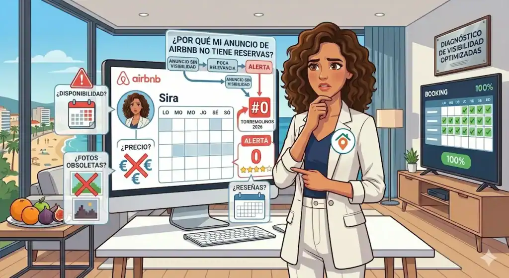 Sira, la gestora profesional de la Costa del Sol con su logo en la chaqueta blanca de image_33.png, sonríe y señala un monitor avanzado en una oficina con vistas a la playa del Bajondillo de Torremolinos. El monitor muestra una simulación de anuncio de Airbnb con '#0' reservas y preguntas de diagnóstico sobre 'DISPONIBILIDAD', 'PRECIO', 'FOTOS OBSOLETAS' y 'RESEÑAS', bajo un gráfico titulado 'DIAGNÓSTICO DE VISIBILIDAD'. Vistas panorámicas a la playa y la costa de Torremolinos de fondo.