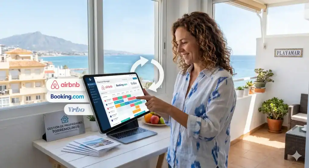 Un gestor profesional de apartamentos turísticos en Torremolinos revisando la sincronización de calendarios de Airbnb, Booking.com y Vrbo en una tablet con vistas al mar de la Costa del Sol. Evita overbookings.
